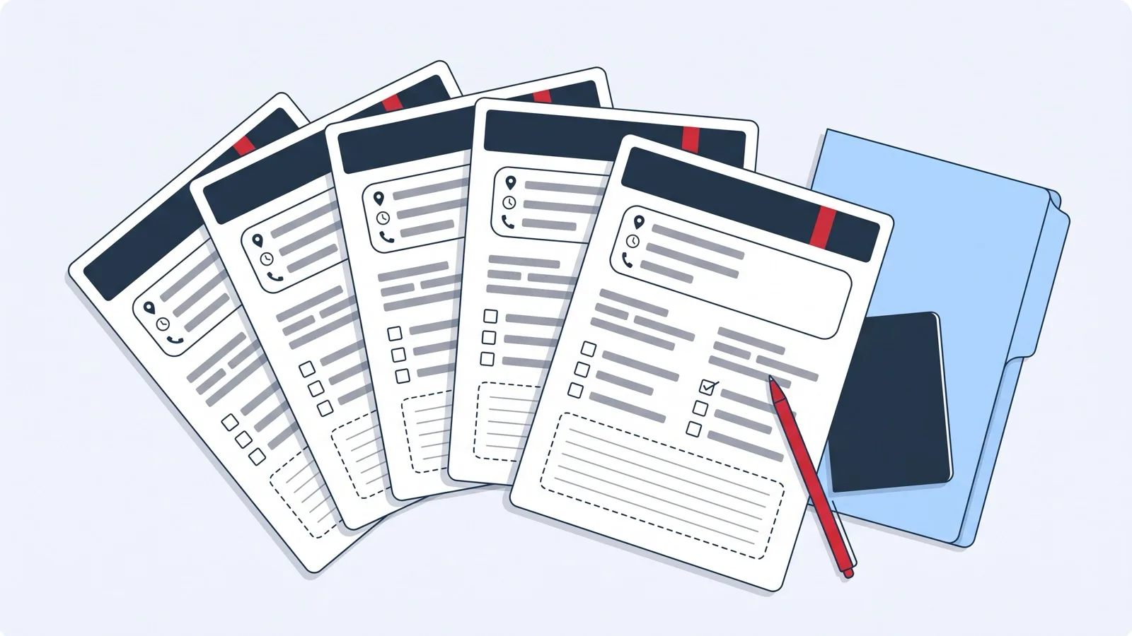 Illustration of five printed one-page office sheets fanned out on a desk, each with a dark header band, map pin, clock and phone icons and tick boxes, beside a passport and a blue folder
