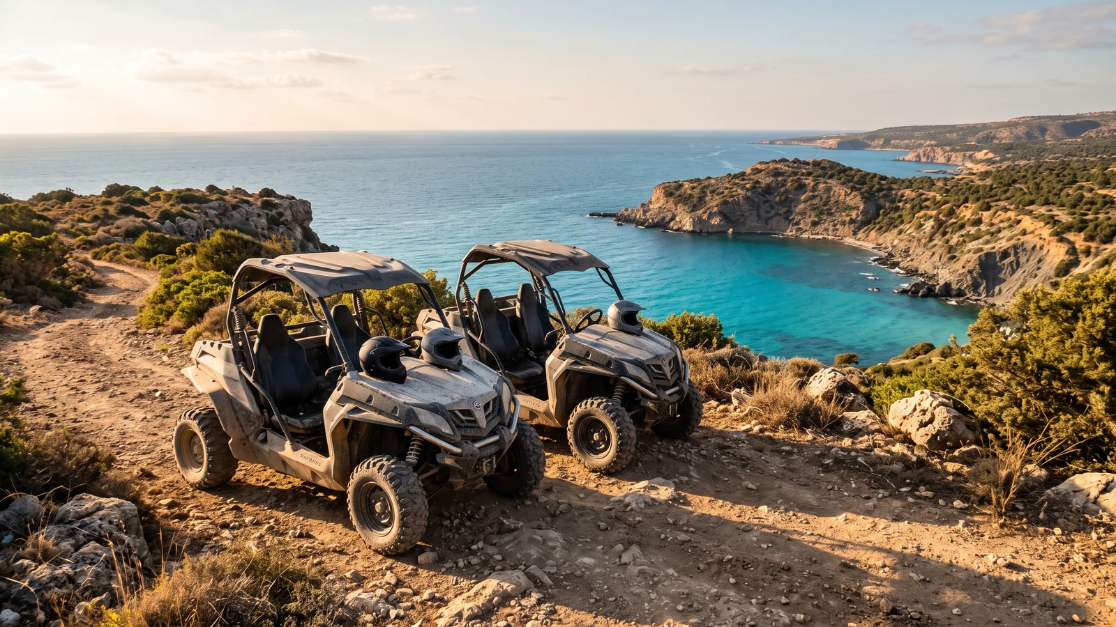 Two off-road buggies parked on a dirt trail above a turquoise Mediterranean bay in Cyprus