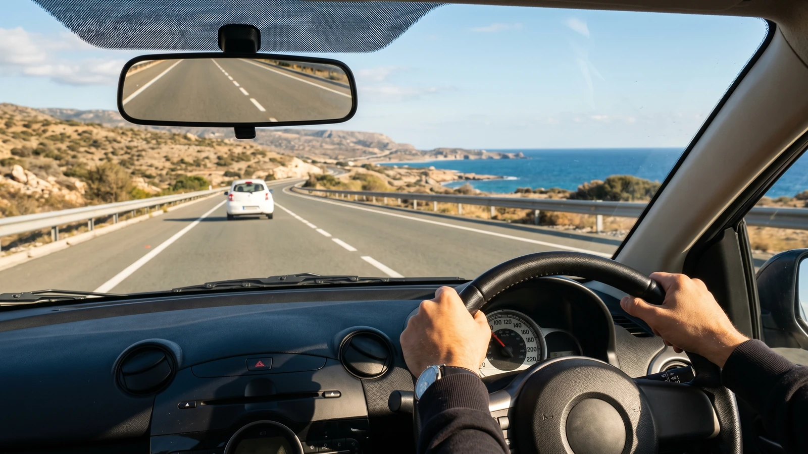 View from the right-hand driver's seat of a car driving on the left side of a sunny Cyprus motorway