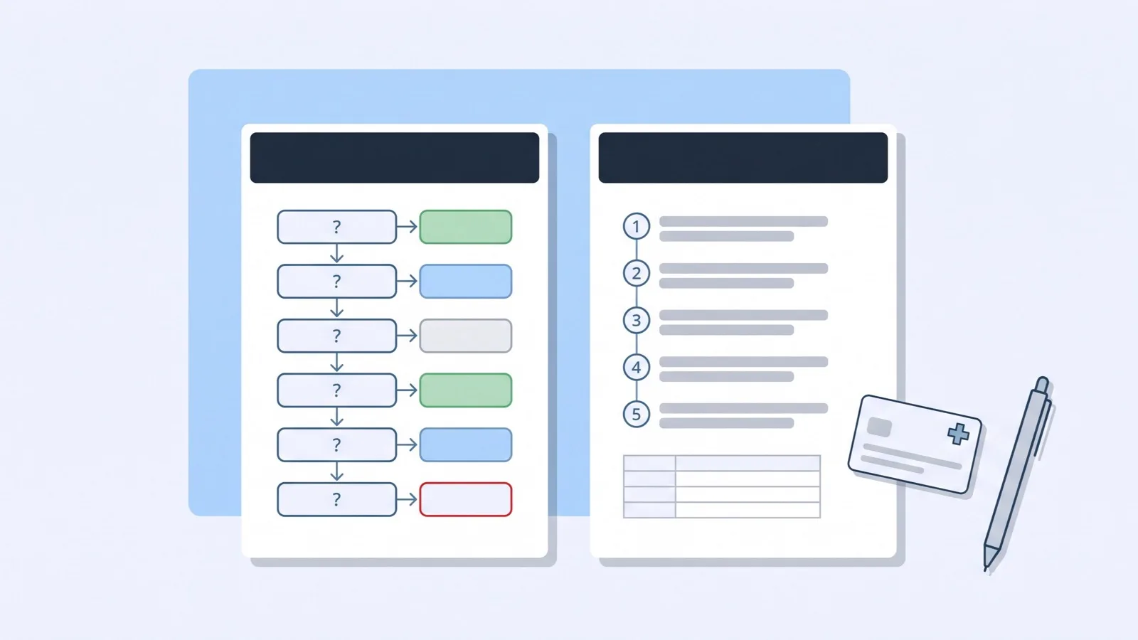 Illustration of two printed A4 pages: a yes/no flowchart ending in four coloured outcome boxes, and a numbered five-step registration list with a small table