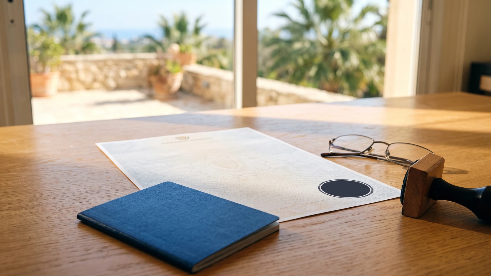 An A4 Cyprus permanent-residence certificate on a sunlit wooden desk beside a passport and reading glasses
