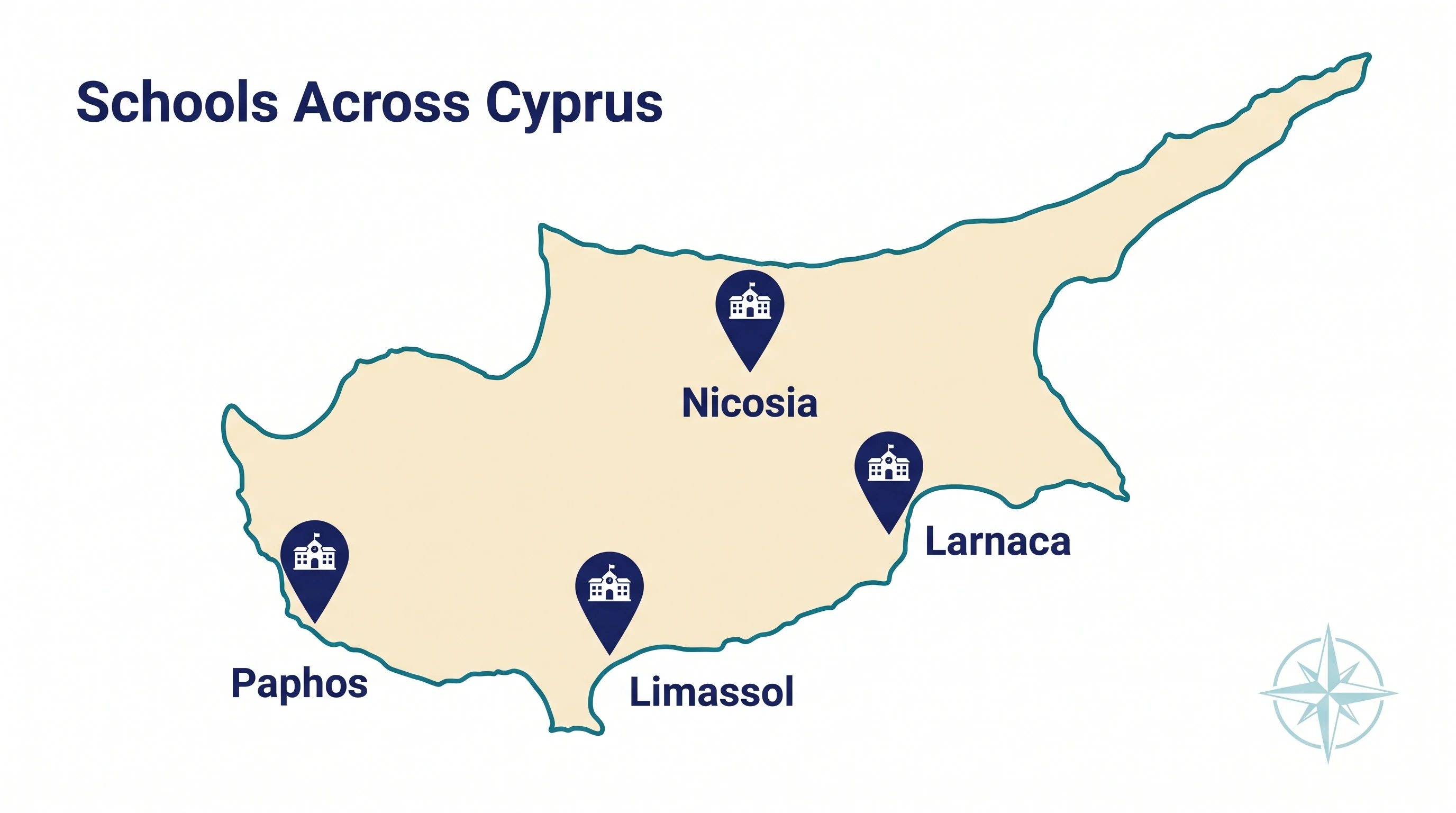 Map of the Republic of Cyprus showing schools in Nicosia, Limassol, Larnaca and Paphos