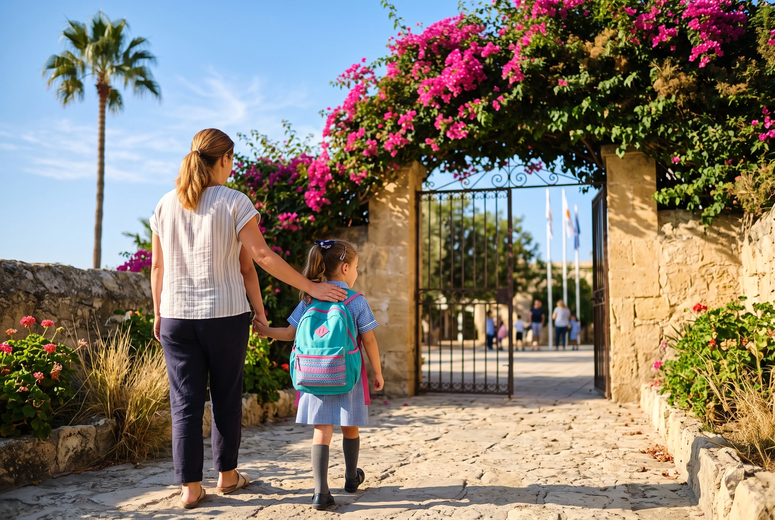 A parent walking a child toward a Cyprus school gate on a bright first-day morning