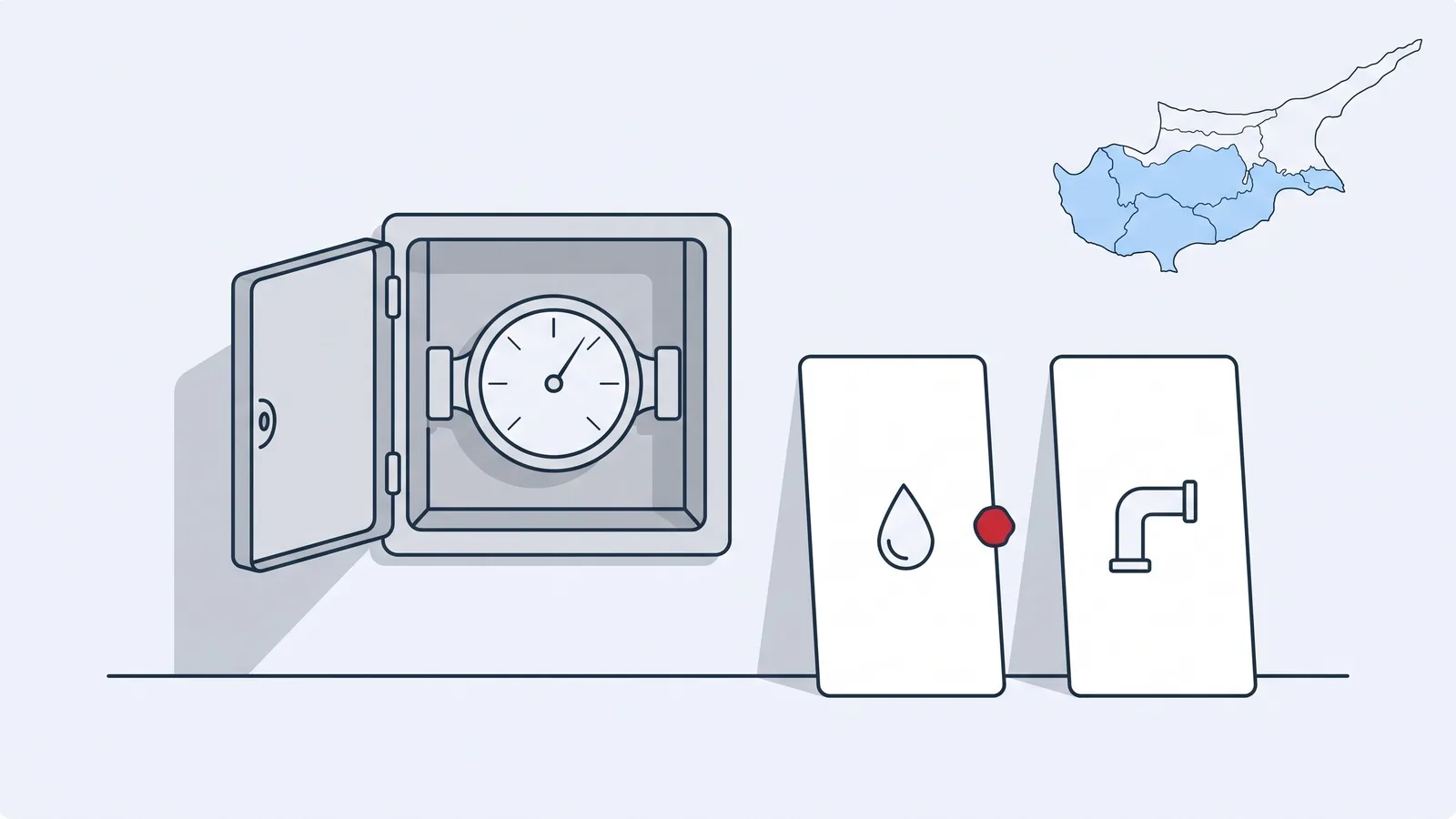 Flat illustration of a water meter in an open wall box next to two bills, one marked with a water drop and one with a pipe, and a small map of the Republic of Cyprus districts